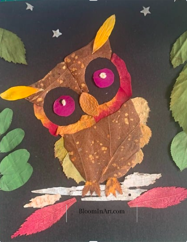 Cute owl made with pressed flowers and leaves